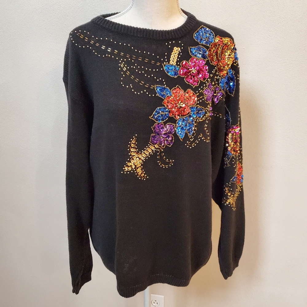 Vintage Margules Plus black sequin embellished floral motif crewneck sweater M/L
